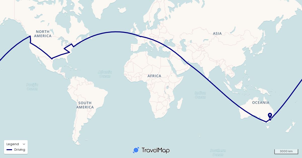 TravelMap itinerary: driving in United Arab Emirates, Australia, Canada, France, United States (Asia, Europe, North America, Oceania)